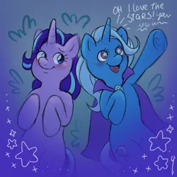 Size: 1280x1280 | Tagged: safe, artist:eatingsomegreeneggos, derpibooru import, starlight glimmer, trixie, pony, unicorn, blushing, cape, clothes, cute, dialogue, diatrixes, duo, duo female, female, glimmerbetes, grass, image, jpeg, lesbian, lying down, on back, open mouth, open smile, shipping, smiling, stargazing, starry eyes, startrix, trixie's cape, wingding eyes