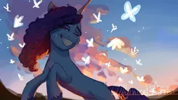 Size: 2048x1152 | Tagged: safe, artist:mythicalartist_, derpibooru import, butterfly, insect, pony, unicorn, g5, alternate hair color, cloud, crying, female, image, jpeg, mare, misty brightdawn, sky, solo, tears of joy, unshorn fetlocks