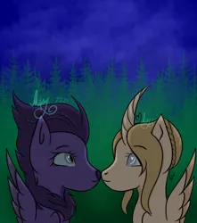 Size: 3600x4073 | Tagged: safe, artist:thecommandermiky, derpibooru import, oc, oc:artura, oc:miky command, unofficial characters only, alicorn, cheetah, hybrid, alicorn oc, blue eyes, boop, chest fluff, female, forest, furry, happy, horn, image, lesbian, looking at each other, looking at someone, night, oc x oc, png, purple hair, purple mane, shipping, smiling, smiling at each other, spread wings, tree, winged cat, wings, yellow hair, yellow mane