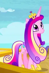 Size: 641x961 | Tagged: safe, derpibooru import, princess cadance, alicorn, once upon a zeppelin, colored wings, crown, female, folded wings, frown, gradient mane, gradient wings, hoof shoes, image, jewelry, jpeg, long mane, looking up, peytral, princess shoes, regalia, slim, solo, solo female, standing, thin, three quarter view, wings