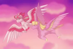 Size: 1280x854 | Tagged: safe, artist:itstechtock, derpibooru import, angel wings, meadow flower, pegasus, pony, colored wings, female, flying, image, jpeg, male, mare, multicolored wings, stallion, wings