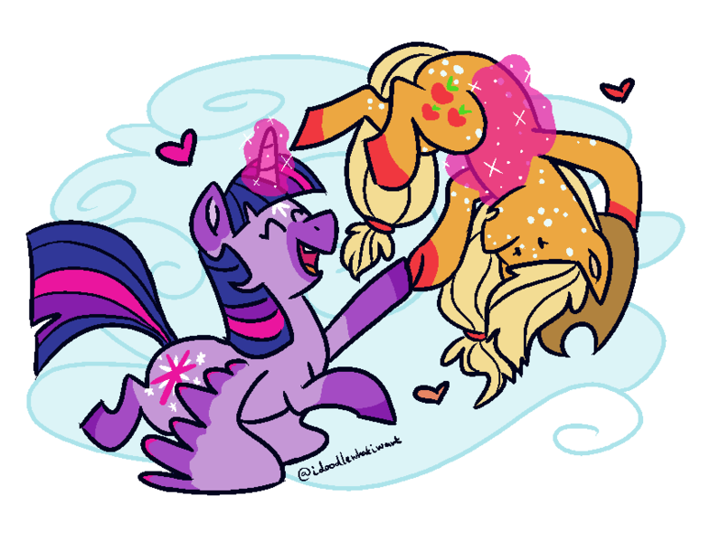 Size: 850x650 | Tagged: safe, artist:sallindaemon, derpibooru import, applejack, twilight sparkle, twilight sparkle (alicorn), alicorn, pony, alternate design, cloud, female, image, lesbian, magic, png, shipping, twijack