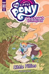 Size: 2063x3131 | Tagged: safe, derpibooru import, idw, rainbow dash, spoiler:comic, book, clothes, cloud, comic cover, dress, flower, grass, grass field, image, little fillies, little women, my little pony classics reimagined: little fillies, outdoors, page, png, sunset, tree