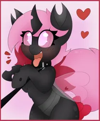 Size: 2489x3000 | Tagged: safe, artist:pegamutt, derpibooru import, oc, oc:heartstring fiddler, changeling, behaving like a dog, bow, changeling oc, collar, commission, excited, heart, heart wings, image, leash, panting, pet play, pink changeling, png, tail, tail bow, ych result