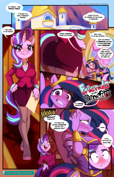 Size: 1031x1600 | Tagged: suggestive, artist:lummh, artist:wildblur, derpibooru import, princess twilight 2.0, starlight glimmer, twilight sparkle, twilight sparkle (alicorn), alicorn, anthro, comic:friends with benefits(lummh), the last problem, breasts, busty starlight glimmer, busty twilight sparkle, canterlot castle, comic, duo, duo female, embarrassed, female, future starlight, future twilight, image, lesbian, older, older twilight, png, shipping, subscribestar, twistarlight