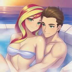 Size: 1280x1280 | Tagged: suggestive, derpibooru import, editor:sammykun, machine learning generated, novelai, stable diffusion, sunset shimmer, oc, oc:anon, oc:generic messy hair anime anon, human, bath, breasts, busty sunset shimmer, couple, covering, covering breasts, hot springs, image, male, nudity, ocean, onsen, partial nudity, png, steam, towel, water