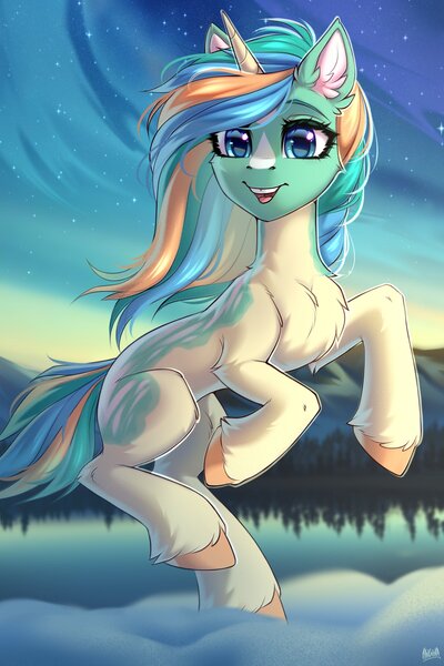 Size: 2000x3000 | Tagged: safe, artist:hakaina, derpibooru import, oc, unofficial characters only, pony, unicorn, blue eyes, blurry background, cheek fluff, chest fluff, coat markings, colored, concave belly, depth of field, ear fluff, eyelashes, facial markings, female, forest, forest background, head turn, head turned, high res, hoof fluff, hooves, horn, image, jpeg, leg fluff, mare, mountain, mountain range, open mouth, open smile, pale belly, raised hoof, raised hooves, raised leg, shading, shiny eyes, signature, sky, slim, smiling, solo, starry sky, striped mane, striped tail, tail, teeth, thin, tree, unicorn oc, unshorn fetlocks, wind, windswept mane