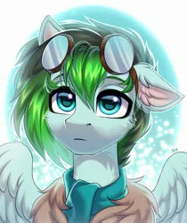 Size: 2050x2435 | Tagged: safe, artist:hakaina, derpibooru import, oc, unofficial characters only, pegasus, pony, abstract background, aviator goggles, bomber jacket, bust, cheek fluff, clothes, colored, cute, ear fluff, eyebrows, floppy ears, frown, goggles, goggles on head, green mane, high res, image, jacket, jpeg, looking at you, looking up, looking up at you, ocbetes, one ear down, partially open wings, pegasus oc, scarf, shading, shiny eyes, signature, solo, sparkly eyes, turquoise eyes, wingding eyes, wings
