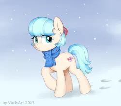 Size: 1436x1256 | Tagged: safe, artist:vinilyart, derpibooru import, coco pommel, earth pony, pony, clothes, cocobetes, cute, female, hoofprints, image, looking at you, mare, png, scarf, smiling, smiling at you, snow, snowfall, solo, walking