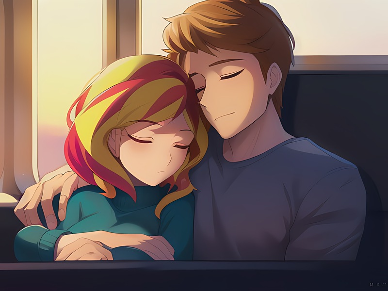 Size: 2720x2040 | Tagged: safe, derpibooru import, editor:sammykun, machine learning generated, novelai, stable diffusion, sunset shimmer, oc, oc:anon, oc:generic messy hair anime anon, human, g4, beautiful, clothes, couple, eyes closed, female, image, jpeg, male, prompter:sammykun, resting, romantic, sitting, sleeping, train, window