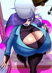 Size: 1130x1600 | Tagged: suggestive, artist:annon, derpibooru import, rarity, human, big breasts, bimbo, bimbo 2.0, bimbo rarity, blue lipstick, bodysuit, boob window, breasts, busty rarity, cleavage, clothes, coat, ear piercing, erect nipples, female, fingerless gloves, glitter, gloves, hair over one eye, hat, high angle, huge breasts, humanized, image, impossibly large breasts, lipstick, makeup, nipple outline, piercing, png, shadow, skintight clothes, snow, solo, solo female, white eyeshadow, winter, winter outfit