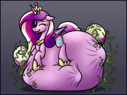Size: 4000x3000 | Tagged: suggestive, artist:sadfloorlamp, derpibooru import, part of a set, princess cadance, alicorn, pony, abdominal bulge, belly, belly bed, big belly, cadancepred, colored, colored wings, crown, digestion, digestion without weight gain, eyebrows, eyebrows visible through hair, eyelashes, female, floppy ears, folded wings, frame, gradient background, gradient mane, gradient tail, gradient wings, high res, hoof shoes, hooves on belly, huge belly, image, impossibly large belly, jewelry, lightly watermarked, long mane, looking at you, looking sideways, mare, mass vore, multiple prey, one eye closed, onomatopoeia, part of a series, peytral, png, post-vore, princess shoes, regalia, shading, slim, smiling, smiling at you, solo, stomach noise, striped mane, striped tail, stuffed, stuffed belly, tail, thin, unknown prey, vore, watermark, wings, wink, winking at you
