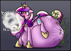 Size: 4200x3000 | Tagged: suggestive, artist:sadfloorlamp, derpibooru import, part of a set, princess cadance, alicorn, pony, abdominal bulge, belly, belly bed, big belly, blushing, burp, cadancepred, colored, colored wings, crown, digestion, digestion without weight gain, embarrassed, eyebrows, eyebrows visible through hair, eyelashes, female, floppy ears, folded wings, frame, gradient background, gradient mane, gradient tail, gradient wings, high res, hoof shoes, huge belly, image, impossibly large belly, jewelry, lightly watermarked, long mane, mare, mass vore, multiple prey, onomatopoeia, open mouth, part of a series, peytral, png, post-vore, princess shoes, regalia, shading, slim, solo, stomach noise, striped mane, striped tail, stuffed, stuffed belly, tail, thin, tongue out, unknown prey, vore, watermark, wings