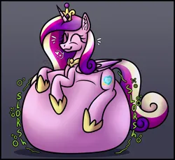Size: 3500x3200 | Tagged: suggestive, artist:sadfloorlamp, derpibooru import, part of a set, princess cadance, alicorn, pony, ^^, abdominal bulge, belly, belly bed, big belly, cadancepred, colored, colored wings, content, crown, digestion, digestion without weight gain, ear fluff, eyebrows, eyebrows visible through hair, eyelashes, eyes closed, female, folded wings, frame, gradient background, gradient mane, gradient tail, gradient wings, happy, high res, hoof shoes, hooves on belly, huge belly, image, implied death, impossibly large belly, jewelry, lightly watermarked, long mane, mare, mass vore, multiple prey, onomatopoeia, part of a series, peytral, png, post-vore, princess shoes, regalia, satisfied, shading, slim, smiling, solo, stomach noise, striped mane, striped tail, stuffed, stuffed belly, tail, thin, unknown prey, vore, wall of tags, watermark, wings