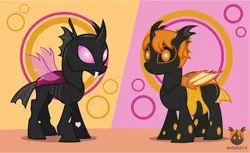 Size: 1363x836 | Tagged: safe, artist:wheatley r.h., derpibooru import, oc, oc:lara, oc:w. rhinestone eyes, unofficial characters only, changeling, pony, bat wings, changeling oc, derpibooru exclusive, female, happy, honeypot changeling, image, jpeg, male, mare, orange changeling, pink changeling, rule 63, simple background, stallion, vector, watermark, wheatlette, wings