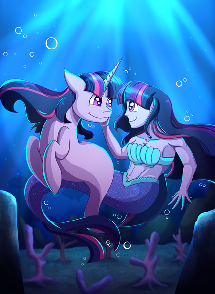 Size: 2200x3000 | Tagged: safe, artist:littletigressda, derpibooru import, sci-twi, twilight sparkle, twilight sparkle (alicorn), alicorn, human, mermaid, pony, seapony (g4), equestria girls, belly, belly button, bra, bubble, caress, clothes, collarbone, colored, commission, coral, crepuscular rays, depth of field, digital art, dorsal fin, female, fish tail, flowing mane, flowing tail, happy, high res, horn, image, lighting, looking at each other, looking at someone, mare, mermaid lovers, mermaid tail, mermaidized, ocean, png, purple eyes, rock, seaponified, seapony twilight, seashell bra, self paradox, self ponidox, shading, smiling, smiling at each other, solo, species swap, sunlight, swimming, tail, underwater, underwear, water, wings