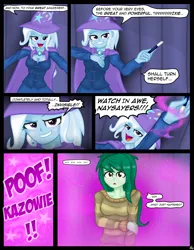 Size: 1600x2061 | Tagged: safe, artist:lennondash, derpibooru import, trixie, wallflower blush, equestria girls, ..., breasts, busty trixie, cape, cleavage, clothes, comic, dialogue, fall formal outfits, female, hat, image, invisible, jpeg, magic show, magic trick, magic wand, poof, pun, speech bubble, sweater, transformation, trixie's cape, trixie's hat, visual pun