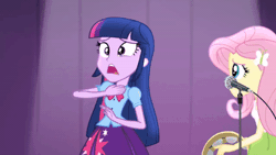 Size: 520x293 | Tagged: safe, derpibooru import, screencap, fluttershy, twilight sparkle, equestria girls, rainbow rocks, animated, choking, concerned, duo, gif, hitting, image, looking at each other, looking at someone, musical instrument, open mouth, tambourine