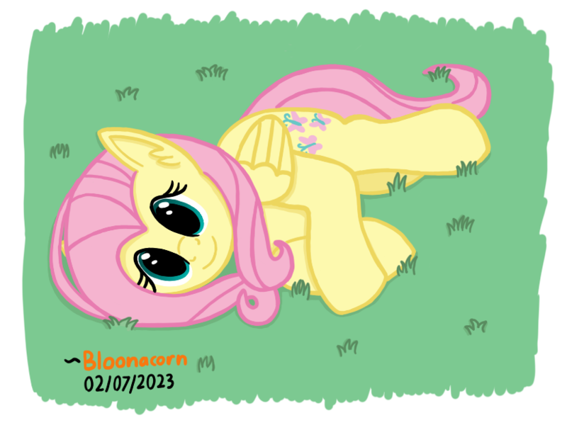 Size: 830x622 | Tagged: safe, artist:bloonacorn, derpibooru import, fluttershy, pegasus, grass, horses doing horse things, image, png, rolling, smiling, solo