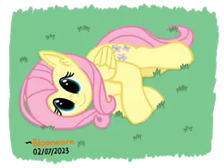 Size: 830x622 | Tagged: safe, artist:bloonacorn, derpibooru import, fluttershy, pegasus, grass, horses doing horse things, image, png, rolling, smiling, solo
