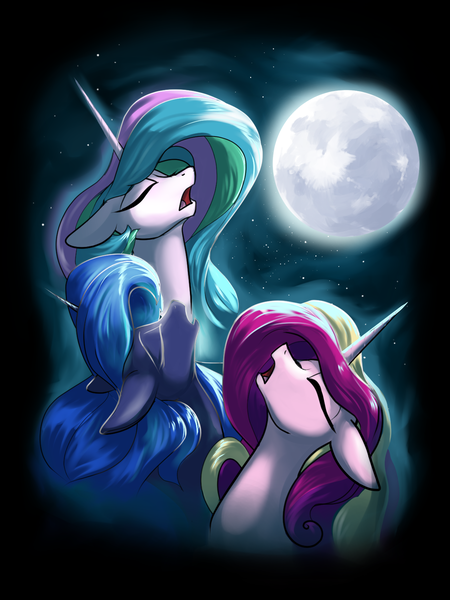 Size: 1200x1600 | Tagged: safe, artist:rocket-lawnchair, derpibooru import, princess cadance, princess celestia, princess luna, alicorn, pony, alicorn triarchy, eyes closed, female, floppy ears, full moon, howling, image, mare, meme, moon, night, nose in the air, open mouth, png, ponified meme, three wolf moon, trio