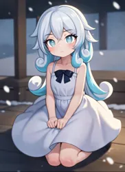Size: 2227x3062 | Tagged: safe, derpibooru import, machine learning generated, stable diffusion, oc, oc:snowdrop, human, blind, blushing, clothes, dress, humanized, humanized oc, image, kneeling, png, snow, snowfall, solo
