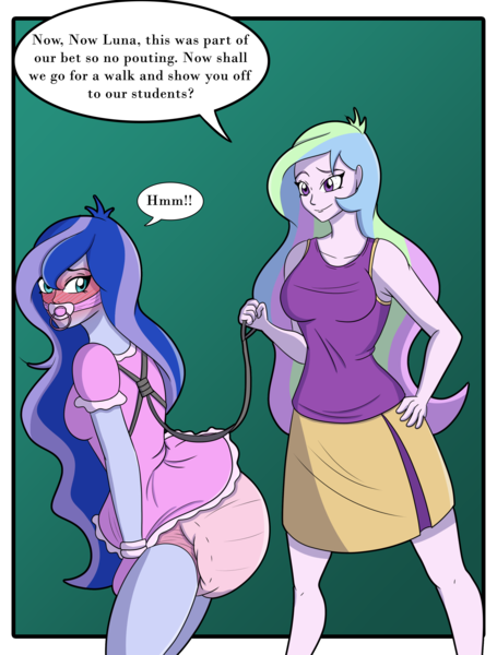 Size: 2504x3300 | Tagged: suggestive, artist:diaperednight, derpibooru import, princess celestia, princess luna, human, equestria girls, blushing, breasts, clothes, collar, dialogue, diaper, diaper fetish, dress, duo, duo female, female, fetish, green background, harness, image, leash, lunasub, mittens, muffled words, pacifier, pacifier gag, png, poofy diaper, principal celestia, short dress, simple background, submissive, tack, vice principal luna