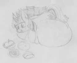 Size: 1254x1024 | Tagged: artist needed, source needed, useless source url, safe, derpibooru import, twilight sparkle, pony, unicorn, abdominal bulge, belly, belly bed, big belly, cheek bulge, eating, eyelashes, fat, food, huge belly, image, impossibly large belly, looking at something, meat, monochrome, pencil drawing, plate, png, ponies eating meat, sandwich, signature, sketch, smiling, solo, stack, steak, stuffed, stuffed belly, stuffing, traditional art, twilard sparkle, unicorn twilight