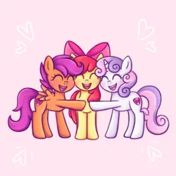 Size: 944x944 | Tagged: safe, artist:memethyst-art, derpibooru import, apple bloom, scootaloo, sweetie belle, earth pony, pegasus, pony, unicorn, cutie mark crusaders, eyes closed, februpony, heart, hoofbump, image, jpeg, simple background