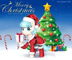 Size: 1795x1487 | Tagged: safe, artist:vinilyart, derpibooru import, coco pommel, earth pony, pony, boots, candy, candy cane, christmas, christmas tree, clothes, cocobetes, costume, cute, female, food, hat, holding, holiday, holly, image, looking at you, mare, merry christmas, png, present, santa costume, santa hat, shoes, snow, solo, starry night, text, tree