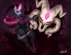 Size: 3476x2700 | Tagged: safe, artist:yugure-lordmediocre, derpibooru import, fhtng th§ ¿nsp§kbl, oleander (tfh), anthro, demon, unicorn, them's fightin' herds, book, breasts, busty oleander, clothes, community related, dark magic, duo, female, glow, glowing horn, horn, image, jpeg, magic, male, signature, thighs, thunder thighs, unicornomicon