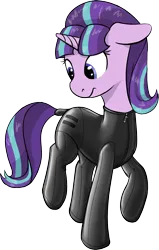 Size: 1012x1593 | Tagged: safe, artist:barhandar, starlight glimmer, pony, unicorn, blue eyes, equal cutie mark, female, floppy ears, horn, image, latex, latex suit, looking at butt, looking at something, looking back, mare, png, purple coat, raised hoof, raised leg, s5 starlight, seams, simple background, solo, tail wrap, transparent background, two toned mane, two toned tail, zipper