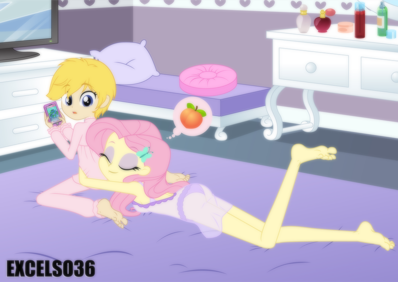 Size: 933x662 | Tagged: safe, artist:excelso36, derpibooru import, fluttershy, oc, oc:cherish lynne, human, equestria girls, barefoot, bed, bedroom, butt grab, butt touch, clothes, commissioner:shortskirtsandexplosions, crossdressing, eyes closed, feet, femboy, fluttershy likes femboys, girly, grope, holding, image, male, mobile phone, pajamas, phone, png, see-through, sissy, surprised, underwear