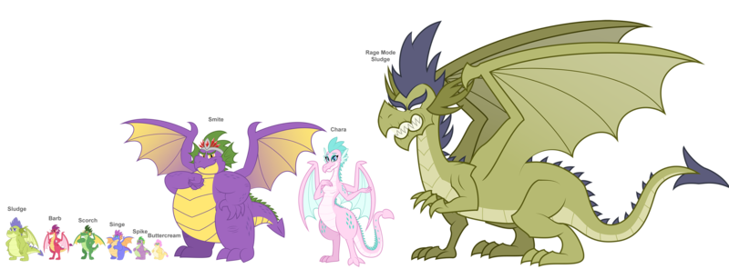 Size: 4314x1596 | Tagged: safe, artist:aleximusprime, derpibooru import, spike, oc, oc:barb, oc:barb the dragon, oc:buttercream, oc:buttercream the dragon, oc:chara, oc:chara the dragon, oc:scorch, oc:scorch the dragon, oc:singe, oc:singe the dragon, oc:smite, oc:smite the dragon, dragon, fanfic:go north young dragon, flurry heart's story, adult, adult spike, belly, big belly, chubby, dragon oc, fat, fat spike, image, non-pony oc, older, older spike, png, rage mode, scale, size chart, size comparison, sludge (g4)