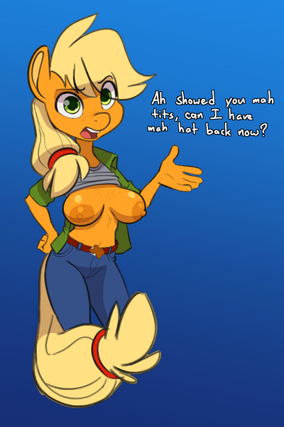 Size: 1679x2517 | Tagged: questionable, artist:siroc, derpibooru import, applejack, anthro, earth pony, areola, belly button, big areola, big breasts, boob freckles, braless, breasts, busty applejack, chest freckles, clothes, dialogue, exposed breasts, female, flashing, freckles, gradient background, hand on hip, hatless, image, jacket, looking at you, missing accessory, nipples, nudity, open mouth, pants, partial nudity, png, shirt, shirt lift, solo, solo female, talking to viewer