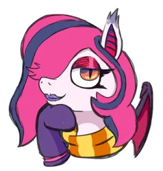 Size: 447x469 | Tagged: safe, artist:jargon scott, derpibooru import, oc, oc:arrhythmia, unofficial characters only, bat pony, pony, bat pony oc, bat wings, bust, clothes, eyeshadow, female, image, lidded eyes, lipstick, looking at you, makeup, mare, png, scarf, simple background, smiling, smiling at you, solo, striped scarf, white background, wings