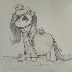 Size: 2144x2160 | Tagged: safe, artist:krista-21, derpibooru import, fluttershy, bird, duck, pegasus, pony, cute, duckling, ear fluff, female, grayscale, hat, image, jpeg, looking up, mare, monochrome, pencil drawing, raincoat, shyabetes, signature, smiling, solo, traditional art