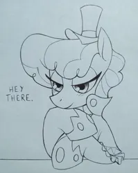 Size: 2653x3335 | Tagged: safe, artist:public mistake, derpibooru import, sapphire shores, earth pony, pony, dialogue, female, grayscale, hat, hoof on chin, image, jpeg, lidded eyes, mare, monochrome, solo, talking to viewer, traditional art