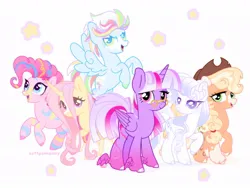 Size: 1024x768 | Tagged: safe, artist:softpinkpony, derpibooru import, applejack, fluttershy, pinkie pie, rainbow dash, rarity, twilight sparkle, alicorn, changeling, earth pony, original species, pegasus, pony, unicorn, zebra, alternate design, female, g4, image, jpeg, mane six, mare, redesign, simple background, smiling, stars, twitterina design, watermark, white background