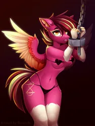 Size: 3072x4096 | Tagged: suggestive, artist:buvanybu, derpibooru import, oc, unofficial characters only, anthro, pegasus, bikini, bondage, chains, clothes, coat markings, colored wings, colored wingtips, cuffs, female, image, jpeg, looking at you, socks (coat marking), solo, solo female, spread wings, swimsuit, wings
