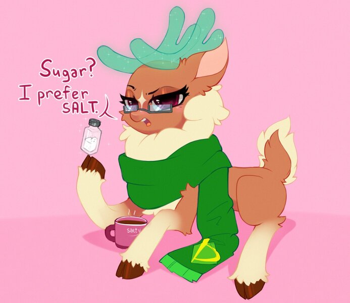 Size: 1526x1321 | Tagged: safe, artist:astralblues, derpibooru import, cashmere (tfh), deer, reindeer, them's fightin' herds, clothes, cloven hooves, community related, dialogue, female, fluffy, food, glasses, image, jpeg, looking at you, pink background, salt, scarf, simple background, solo