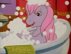 Size: 950x720 | Tagged: safe, derpibooru import, screencap, clover (g1), earth pony, pony, my little pony tales, out of luck, bathing, bathtub, bubble, female, filly, foal, g1, image, png, soap bubble, solo