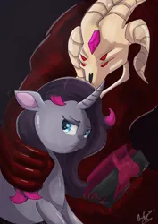 Size: 2480x3508 | Tagged: safe, artist:wolfcube333, derpibooru import, fhtng th§ ¿nsp§kbl, oleander (tfh), demon, unicorn, them's fightin' herds, book, community related, duo, female, frown, image, male, png, sad, signature, unicornomicon