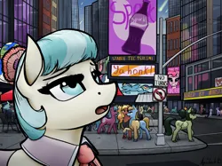 Size: 2217x1662 | Tagged: safe, artist:apocheck13, derpibooru import, coco pommel, earth pony, pony, fallout equestria, city, downtown, image, looking up, manehattan, ministry of morale, pinkie pie is watching you, png, pre war, pre-war, prewar, road sign, skyscraper, sparkle cola
