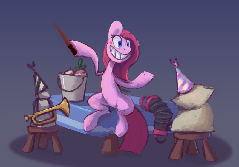 Size: 3098x2169 | Tagged: safe, artist:yaru, artist:yarugreat, derpibooru import, pinkie pie, earth pony, pony, creepy, creepy smile, gradient background, hat, image, party hat, pinkamena diane pie, png, smiling, solo, tabun art-battle