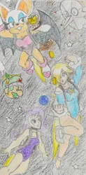 Size: 626x1277 | Tagged: safe, artist:fafenprocrastination, derpibooru import, rarity, bat, human, chase, clothes, colored pencil drawing, female, flying, horn, horned humanization, humanized, image, jetpack, jpeg, leotard, rosalina, rouge the bat, sonic the hedgehog (series), space, super mario bros., traditional art, trio, trio female