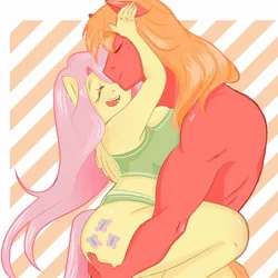 Size: 1132x1132 | Tagged: suggestive, artist:jossie_jayjay, derpibooru import, big macintosh, fluttershy, anthro, earth pony, pegasus, big breasts, breasts, busty fluttershy, butt, butt touch, cute, eyes closed, female, flutterbutt, fluttermac, great macintosh, hand on butt, holding, hug, image, jpeg, long mane, macabetes, male, muscles, nuzzling, open mouth, open smile, shipping, shyabetes, smiling, straight, striped background
