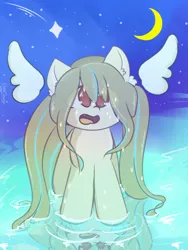 Size: 1050x1400 | Tagged: safe, artist:grithcourage, derpibooru import, oc, oc:grith courage, earth pony, pony, ear fluff, female, image, long hair, moon, night, png, reflection, solo, solo female, stars, water, wings