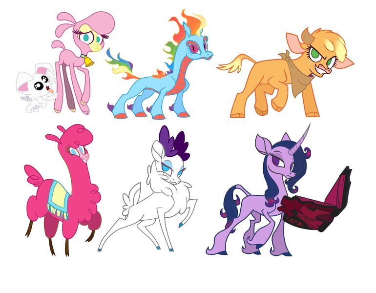 Size: 1405x1095 | Tagged: safe, artist:witherslayer73, derpibooru import, applejack, fluttershy, pinkie pie, rainbow dash, rarity, twilight sparkle, alpaca, classical unicorn, cow, deer, dog, dragon, hybrid, longma, reindeer, sheep, unicorn, them's fightin' herds, bandana, bell, bell collar, cloven hooves, collar, community related, curved horn, doe, female, horn, image, jpeg, lamb, leonine tail, looking at you, magic, male, mane six, no pupils, simple background, species swap, telekinesis, unshorn fetlocks, white background