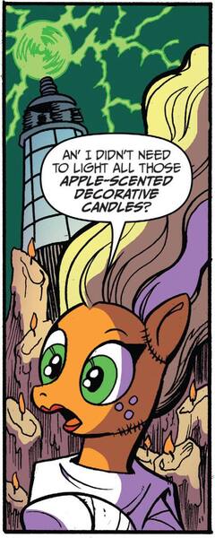 Size: 534x1334 | Tagged: safe, artist:andypriceart, derpibooru import, idw, applejack, earth pony, pony, spoiler:comic, spoiler:comic71, bride of frankenstein, clothes, costume, dialogue, female, g4, image, jpeg, mare, nightmare night costume, solo, speech bubble